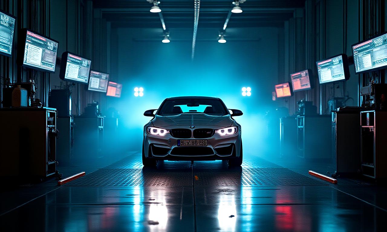 Coche de alto rendimiento realizando prueba en banco de potencia con monitores de datos