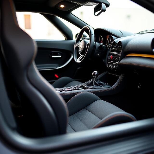 Interior personalizado de coche deportivo con asientos baquet y alcántara