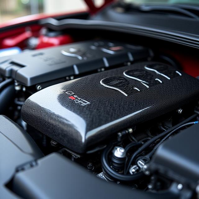 Motor Audi RS3 detallado con admisión de carbono y turbo mejorado