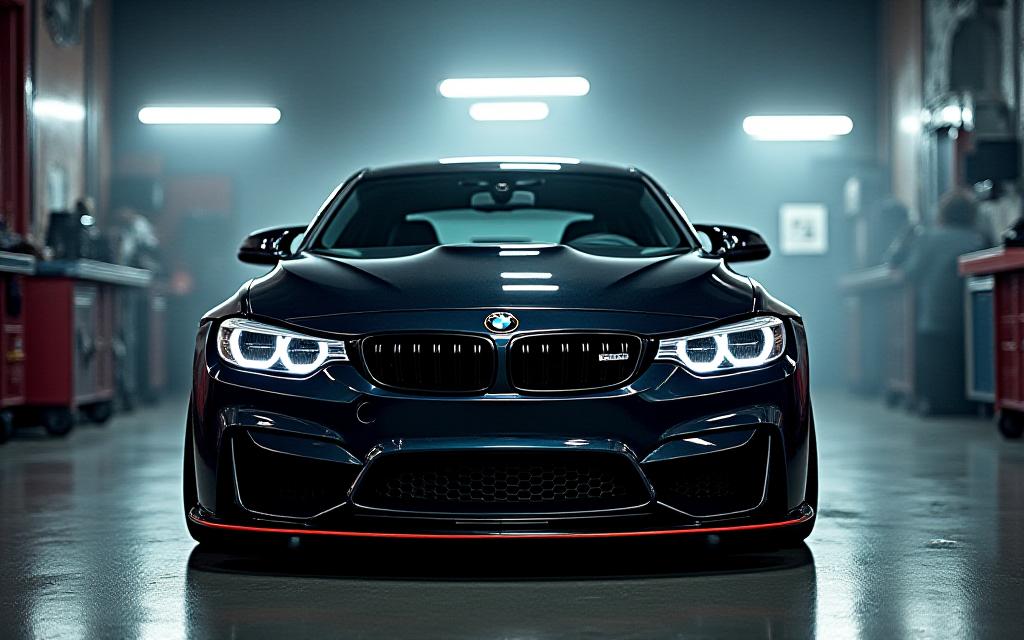 Coche deportivo modificado en el taller con iluminación dramática